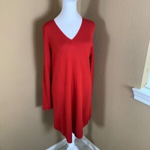 Eileen Fisher Red Merino Wool Tunic Sweater Dress V Neck Minimalist M